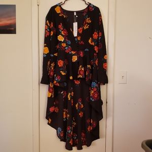 Button front floral asymmetric long-sleeve tunic